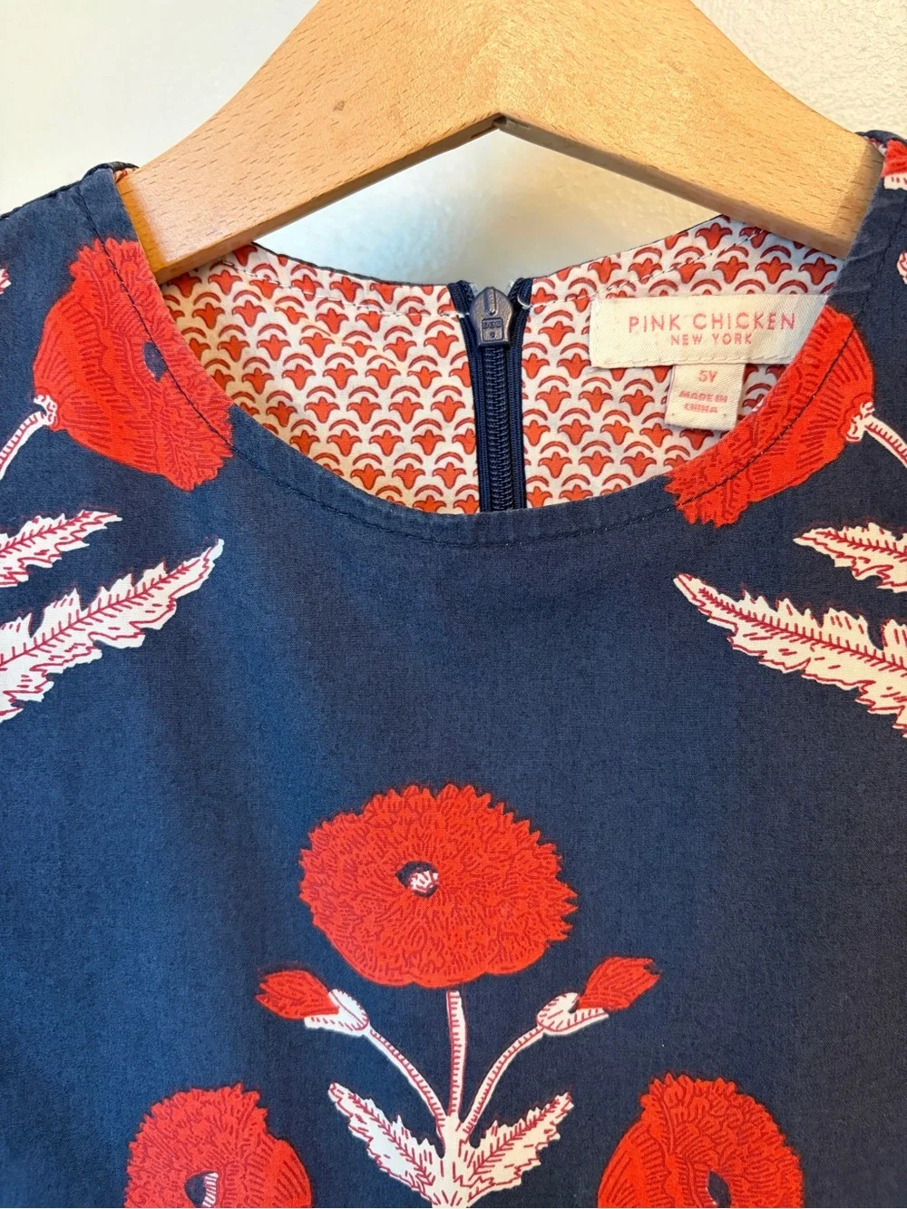 Pink Chicken Navy Dress with Red Floral Embroidery